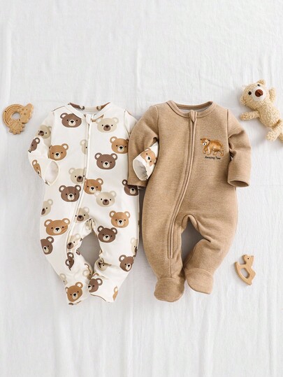 Cozy Pixies Newborn Baby Boy Cartoon Bear Pattern Knitted Soft Crew Neck Long Sleeve Footie & Pants 2 Pieces Set Fall Winter