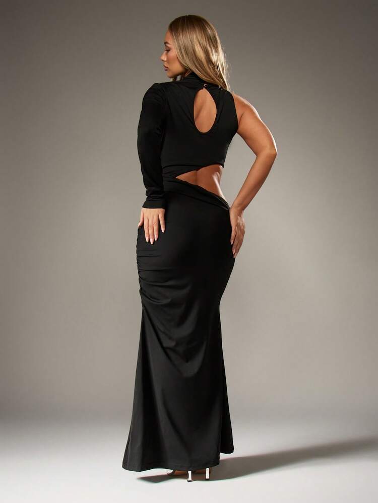 MISSGUIDED Asymmetric One Sleeve High Neck Cut Out Ruched Bodycon Evening Maxi Dress Elegant Floor Length Form Fitting Slim Gown Party Holiday