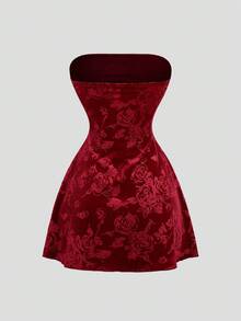 Sweetra Váy chữ A ôm sát bằng vải satin thêu hoa hồng nhung phong cách retro Mỹ gợi cảm, chất lượng cao cấp - Màu Đỏ Sâu - Xem 2