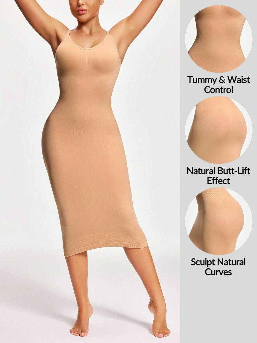 SHAPORA Women's Solid Color Round Neck Bodycon Sleeveless Shaping Dress - Beige - View 1