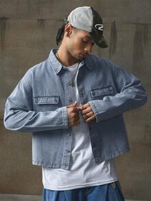 AXEPEAK Áo sơ mi denim thêu chữ cài nút phía trước cho nam, mùa thu - Màu xanh nhạt - Xem 2