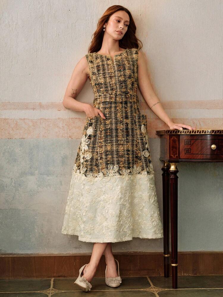 Patchwork Design Elegant Midi Dress For Women, Suitable For Fall, Autumn, Summer