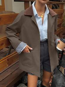 DAZY Women's Casual Contrast Color Windbreaker Jacket, Regular Fit, Autumn Women Coats - Brown - View 3