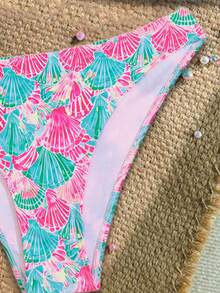 Swim Mod 女士贝壳印花露背系带性感比基尼泳装套装，适合夏季海滩 - 彩色 - 查看 5