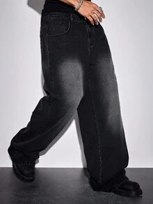 ROMWE MEN Street Life Jeans anchos y sueltos de moda casual para hombres con bordado de dragón chino y patrón floral lavado - Negro - Ver 5