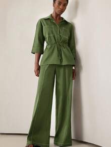 Aveloria Modichic Summer New Women's Cinched Waist Design Lapel 3/4 Sleeve Loose Casual Jumpsuit, Tie-Waist Commuter Style Two Pieces Set