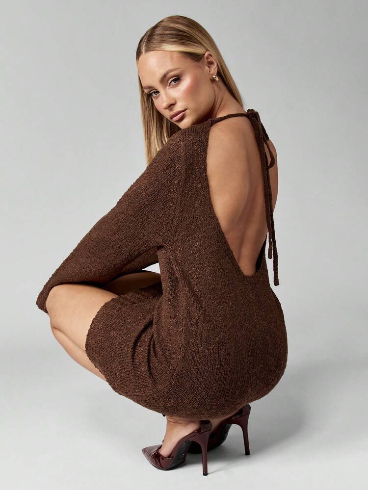 MISSGUIDED Cozy Knit Boucle Mini Dress Backless Tie Detail Winter Holiday Long Sleeve Sweater Dress High Neck Autumn Party Evening Wear