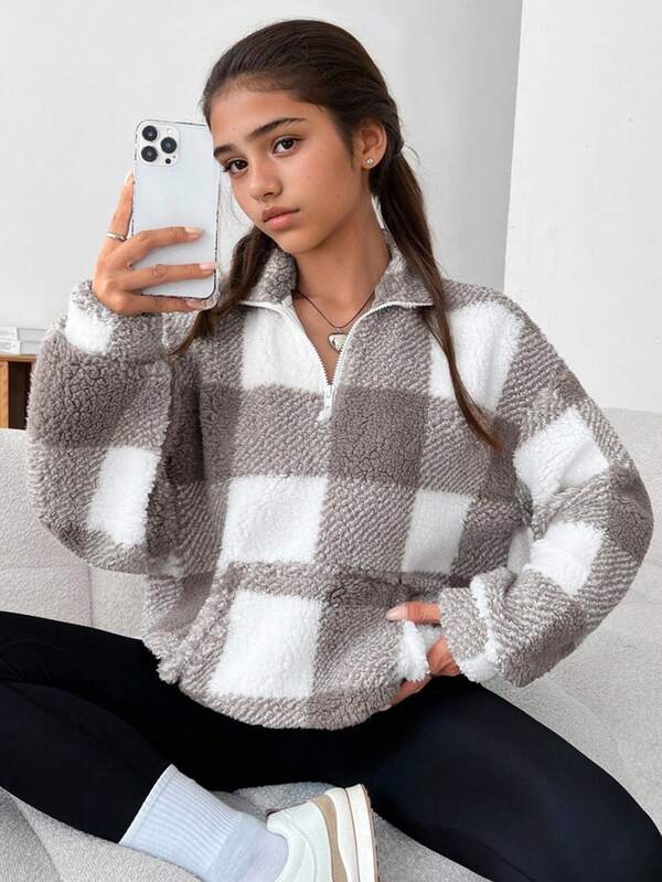 SHEIN Sudadera con media cremallera y hombros caídos con estampado de cuadros grises y blancos para adolescentes en otoño/invierno