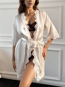 Aloruh Lady's White Lace Robe Is Sexy And Suitable For Autumn Parties. Cozy Fall The Home Robe With Lace And Belt Combination Is Comfortable And Detachable. Smooth Silk Fabric With High-Quality Lace Trim And Solid Color Robe, Winter - White - View 5