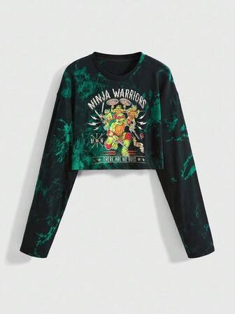 TEENAGE MUTANT NINJA TURTLES X ROMWE Maglietta a maniche lunghe da donna con collo rotondo, motivo a Tintura a nodi e cartoni animati, per l'autunno
