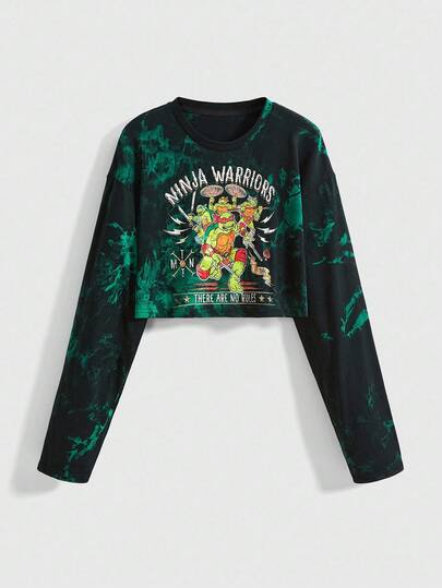 TEENAGE MUTANT NINJA TURTLES X ROMWE Women's Autumn Tie-Dye Cartoon Pattern Round Neck Long Sleeve T-Shirt