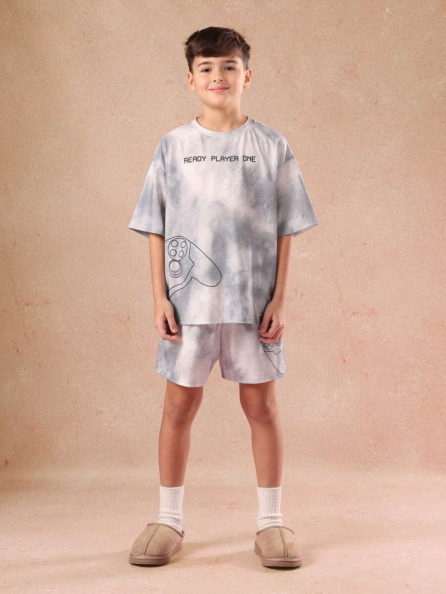 Bộ đồ ngủ SUMWON kèm tay cầm chơi game, kiểu nhuộm tie-dye, thích hợp cho chơi game, ngủ đêm, đi nghỉ mát, dành cho trẻ em, thanh thiếu niên, bé trai, quà tặng, phong cách thường ngày. - Màu Xám nhạt - Xem 1