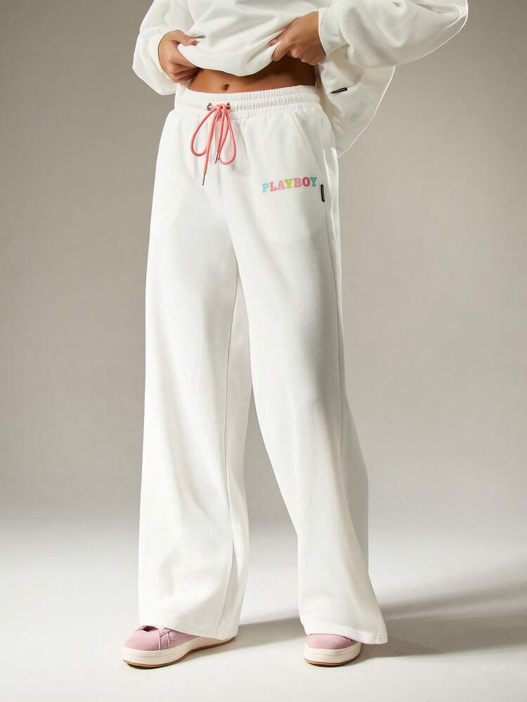 Missguided x Playboy Applique Wide Leg Joggers Sweatpants With Colorful Letters For Casual Loungewear