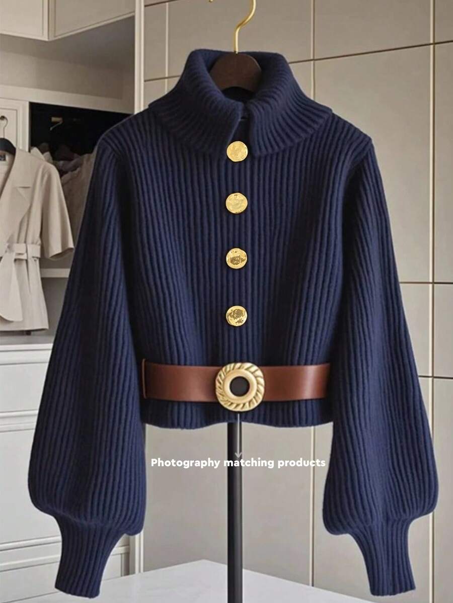 GlowEve 女士时尚百搭高领金属纽扣灯笼袖毛衣 - 藍色 - 查看 1