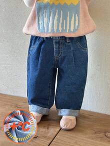 SHEIN 女婴可爱深蓝色牛仔保暖裤，带荷叶边裤脚，加绒加厚保暖，秋季/冬季服装 - 深色水洗藍 - 查看 6