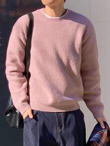 DAZY كنزة صوفية رجالية بياقة طاقم بلون توت عنبي، خريف/شتاء