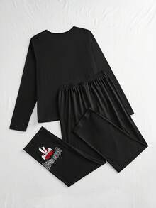 SHEIN Teen Girl 2pcs Heart & Bowknot Letter Print Crew Neck Long Sleeve Top & Long Pants Pajama Set (Comfortable Home Wear), Christmas - Black - View 2