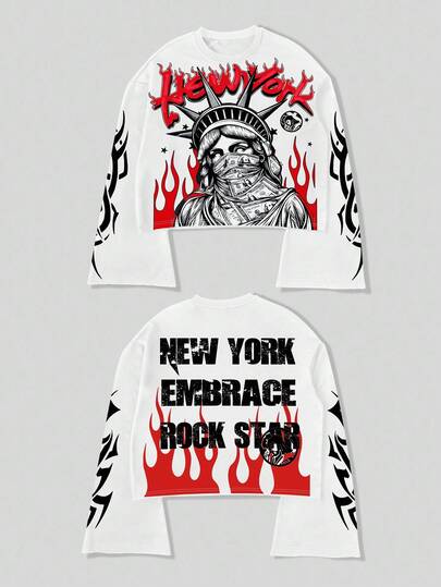 Street Life Men's Fashion Liberty Statue & Flame Slogan Print T-Shirt, Fall