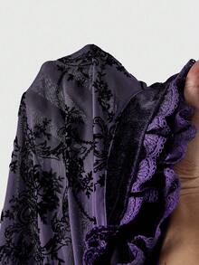 ROMWE Plus Size Gothic Versatile Slit Bell Sleeve Women Retro Flocked Cardigan Top - Purple - View 5