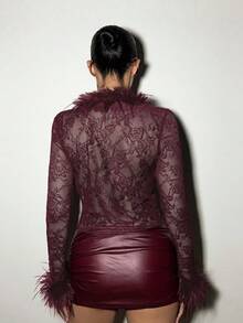 EgrlEra Women's Sexy Lace Sheer With Fluffy Patchwork Tie Waist Top Y2K - Burgundy - View 2