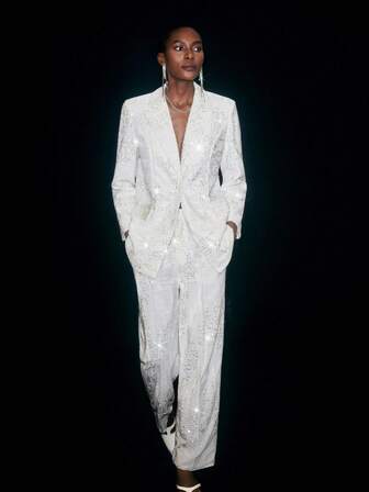 Maija 2025 女士纯色口袋直筒宽松亮片装饰裤