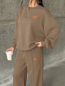 SHEIN 少女两件套：宽松圆领针织衫和阔腿裤，休闲家居服和日常穿着 - 棕色 - 查看 3