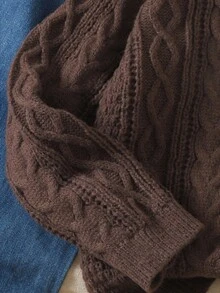 SHEIN Brun rundhalsad kabelstickad tröja för tonårsflickor, höst/vinter - Brun - Visa 5