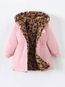 SHEIN Playful Pals 女婴新生儿0-3岁秋冬季保暖双面连帽仿毛皮法兰绒豹纹和纯黑色中长外套 - 彩色 - 查看 3