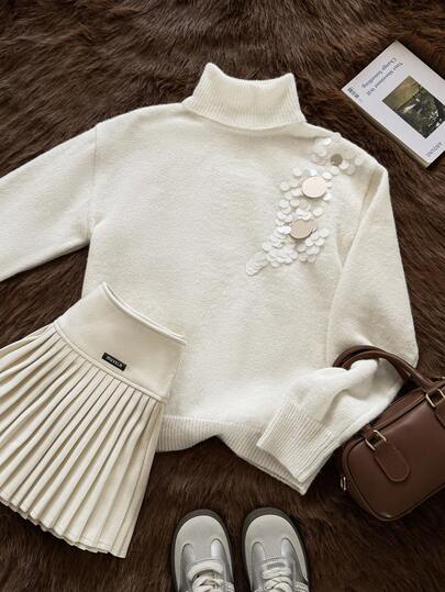 Muvela Women's Turtleneck Ivory White Long Sleeve Wool Sweater, Warm, Vintage Style, Delicate Beaded Embroidery, Suitable For Autumn, Comfortable For Afternoon Tea, Dates, Valentine's Day, Christmas Party