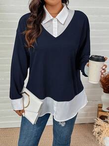 SHEIN LUNE 大码女式蓝白撞色领两件套上衣，感恩节新年冬季狂欢海军蓝上衣 - 藏蓝色 - 查看 5