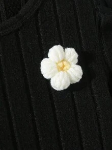 SHEIN 女童休闲可爱圆领插肩袖高腰短款纯色针织碎花连衣裙 - 黑色 - 查看 7