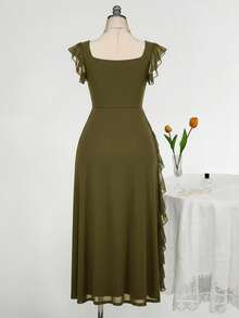SHEIN ICON Váy ôm cổ vuông viền bèo nhún cỡ lớn, phù hợp cho đám cưới, tiệc tùng, khách dự tiệc, trang phục mùa xuân lãng mạn - xanh quân đội - Xem 2