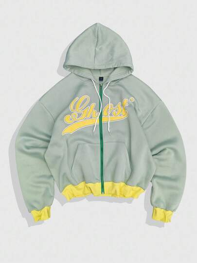 Prep Sudadera con capucha con cremallera de manga larga con bloque de color y estampado de letras para hombre, otoño