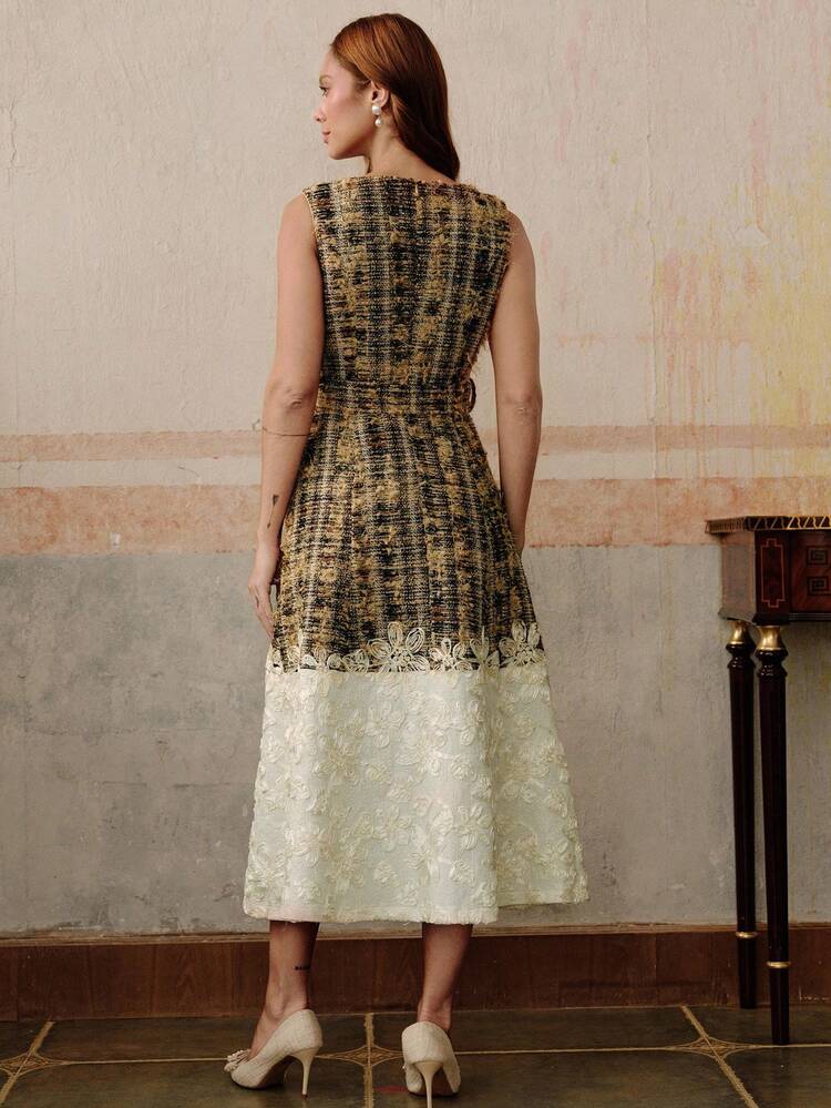 Patchwork Design Elegant Midi Dress For Women, Suitable For Fall, Autumn, Summer