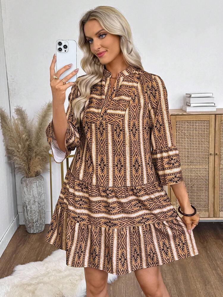 Women's V-Neck Flare Sleeve Geometric Print Casual Mid-Length Dress Fall Clothes For Women Long Sleeve Summer Dress Boho Dress Brown Boho Dress Boho Long Sleeve Dress Fall Outfits For Women Going Out Dress Casual Dresses For Women