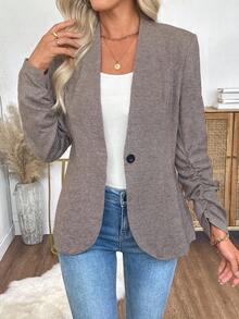 EMERY ROSE Áo khoác Blazer nữ tay dài xếp ly màu trơn cài nút đơn giản, mùa thu - Màu Khaki - Xem 7