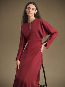 Ontre 优雅风格，简约设计，缎面面料，酒红色，长袖，插肩袖，领口设计，宽松版型，收腰，女式中长连衣裙，秋季服装，休闲装，商务休闲装 - 酒紅色 - 查看 1