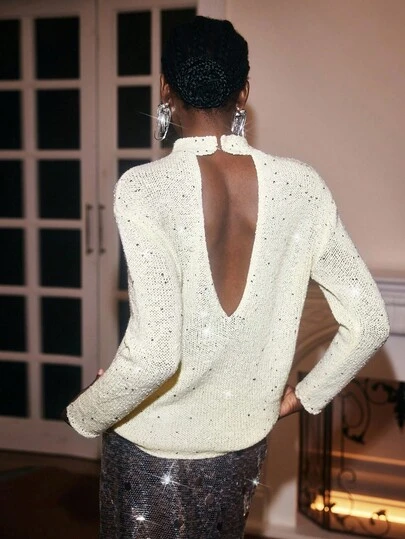 Maija 2025 Sequin Backless Textured Knit Women Long Sleeve Sweater, Suitable For Autumn/Winter, Halloween Party,Halloween,Christmas Party,Autumn, Fall Clothes For Women, Autumn Outfits For Women, Winter Clothes, Long-Sleeve, Sequin Yarn, Backless, Ultra-Oversized Women's Sweater,