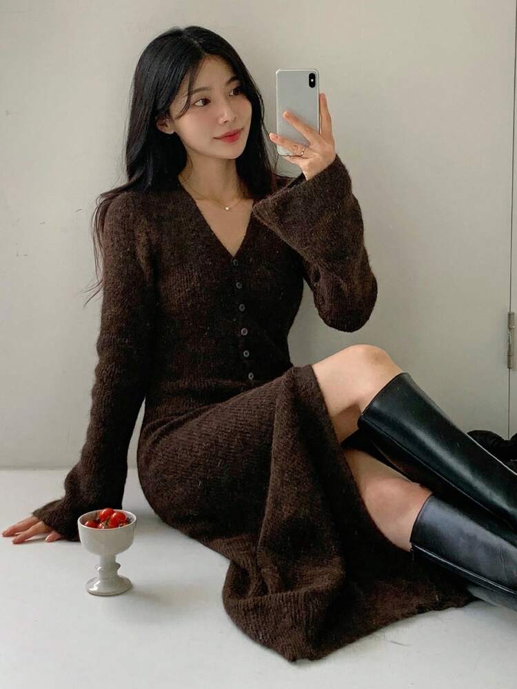 Women's V-Neck Long Fluffy Sweater Dress Fall/Winter