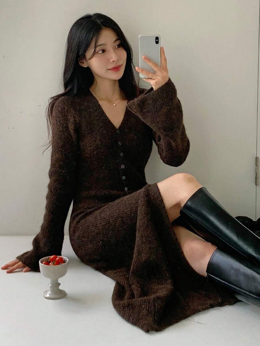 DAZY Women's V-Neck Long Fluffy Sweater Dress Fall/Winter