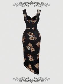 SHEIN MOD Váy xẻ tà họa tiết hoa đen xếp ly bất đối xứng dành cho nữ, váy xếp ly họa tiết hoa đen, trang phục Halloween, Giáng sinh, Thu/Đông cho nữ, trang phục đi chơi - Nhiều màu - Xem 2