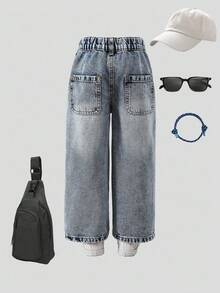 1 pieza Jeans azul claro de ajuste holgado y casual para niñas, de cómodo algodón denim, adecuado para uso diario, escuela, transporte, reuniones, nueva llegada de otoño/invierno - Lavado ligero - Ver 2