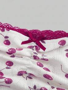 ROMWE Kawaii Áo thun nữ ôm sát co giãn họa tiết nơ in họa tiết quả cherry ren trang trí kỳ nghỉ gợi cảm tinh tế - Hồng - Xem 3