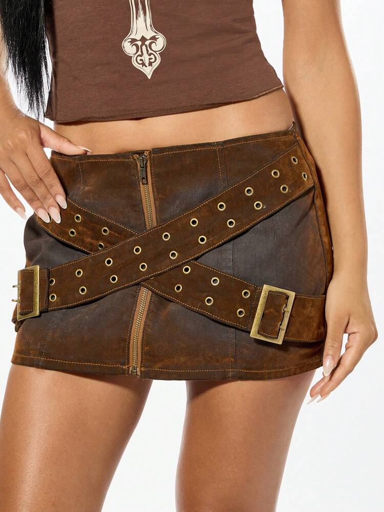 SUMWON WOMEN Mini-jupe en jean avec ceinture à boucle