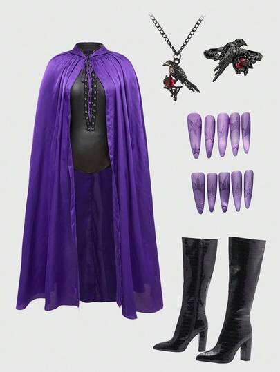 ROMWE Avant Ensemble deux pièces grande taille pour femmes : body sexy à lacets dans le dos + châle pour soirée d'Halloween, sortie en boîte de nuit