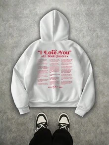 Manfinity ZONE917 ZONE917 Boxy Cropped Relaxed Red Casual Slogan Oversized Graphic White Hoodie With Thermal Lining, For Fall Winter