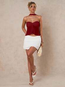 Glamine Weinrote sexy durchsichtige rückenfreie Spitze geraffter Neckholder Bluse, Halloween Bluse, Weihnachtsbluse, Party Must-Have, Schicke Herbst, Streetwear, Y2K, Gehobene Eleganz Bluse, Club Bluse, Konzert Bluse, Date Night Bluse, Geburtstags Bluse für Frauen, Rave Festival Bluse