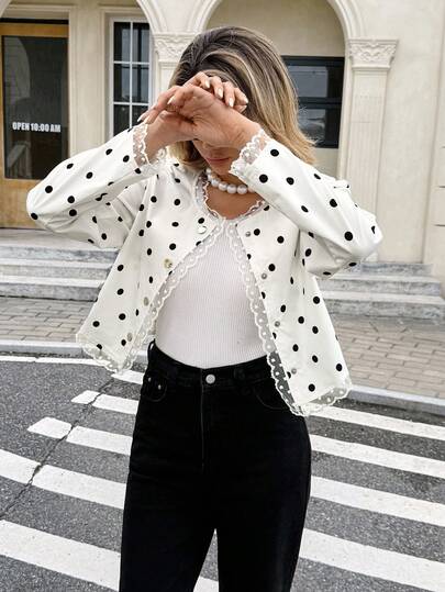 SHEIN Frenchy Women's Polka Dot Print Lace Patchwork Long Sleeve Jacket Autumn Winter Clothes For Women