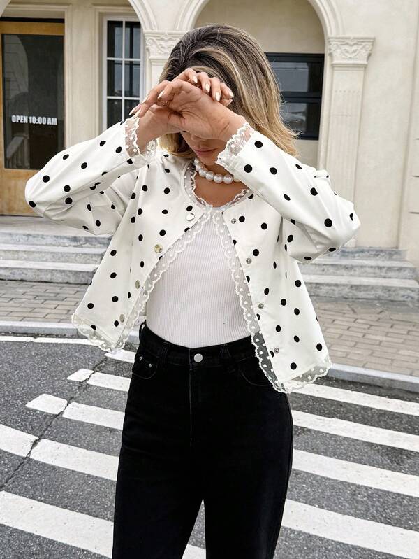 SHEIN Frenchy Women's Polka Dot Print Lace Patchwork Long Sleeve Jacket Autumn Winter Clothes For Women