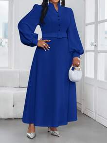 SHEIN Lady 春夏秋冬优雅休闲通勤复古办公室黑色针织立领鱼尾喇叭袖中长款长袖大码连衣裙正装职业装 - 寶藍色 - 查看 5